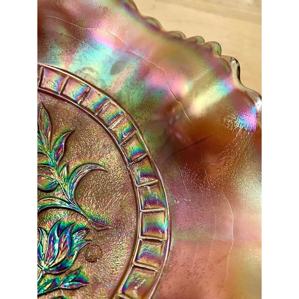 Antique Dugan Amethyst Windflower Iridescent Carnival Glass Ruffled Bowl 8